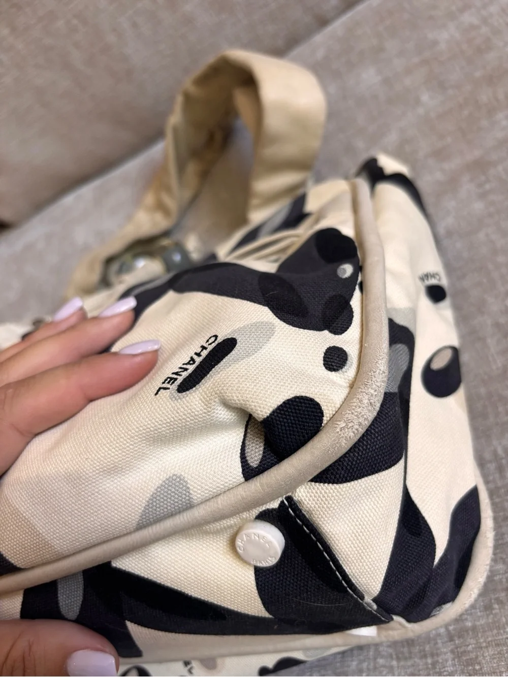 Authentic CHANEL vintage mini beige black Surfline canvas tote